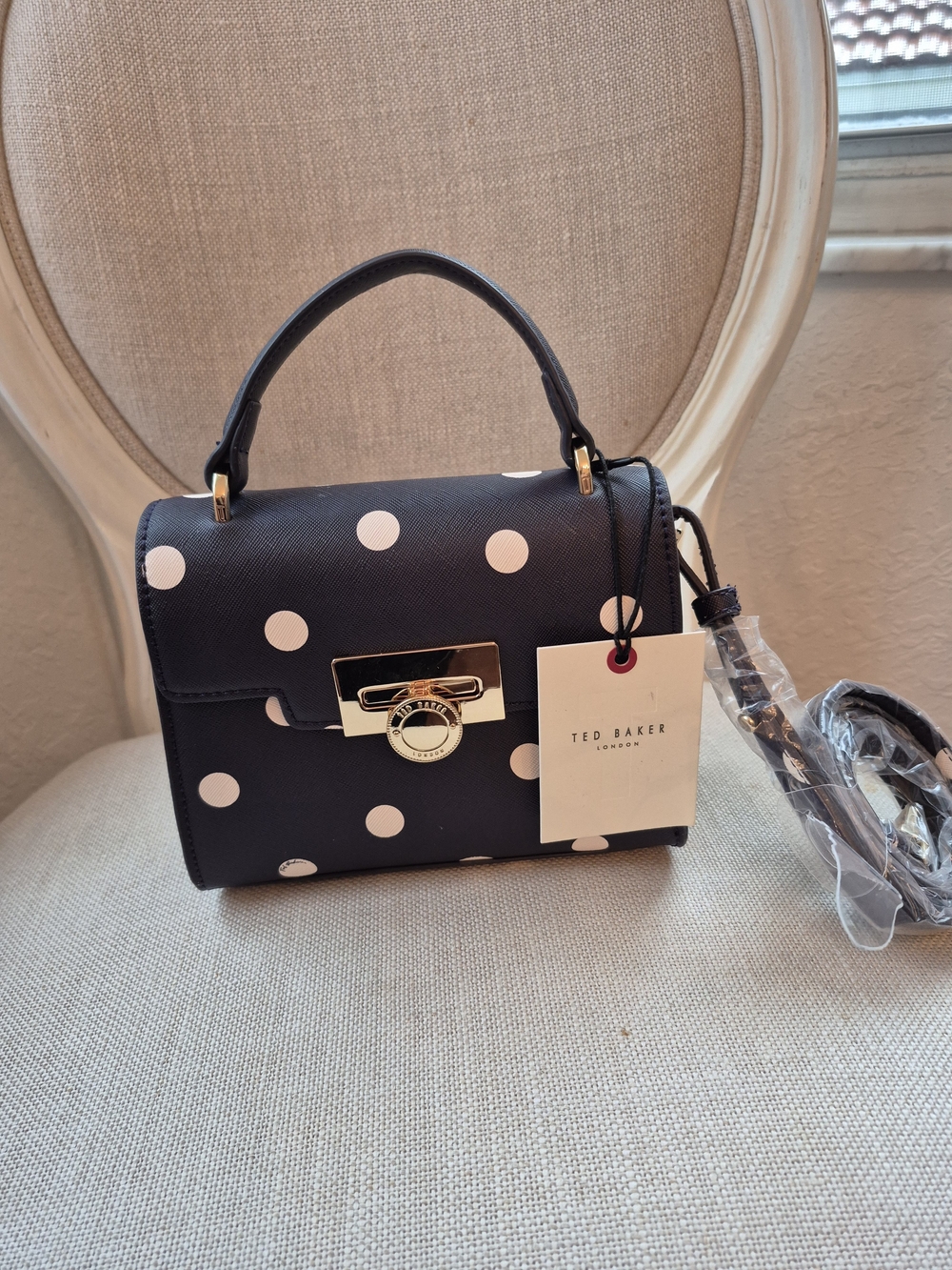 Nwt Ted Baker Navy & White Polka-dot Lili Top Handle Satchel Bag/crossbody Bag